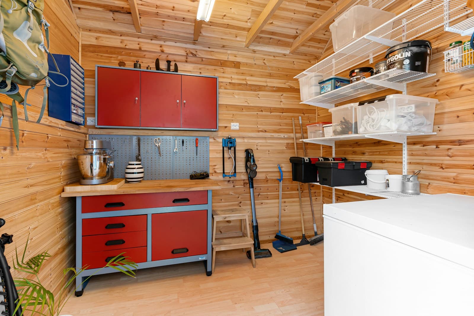 Garage storage with drawers, cabinets and storage bins
